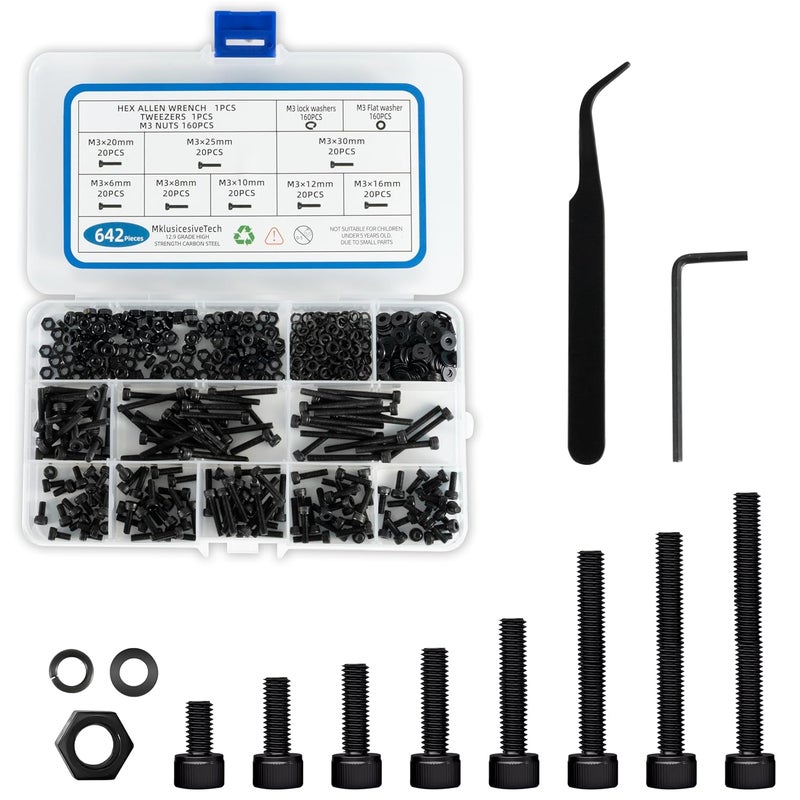 MklusiveTech 642Pcs M3 Screw Kit 12.9 Grade High Strength Carbon Steel M3 Bolts and Nuts Assortment Metric Machine Screw Assortment Black 6mm 8mm 10mm 12mm 16mm 20mm 25mm 30mm - Image 1